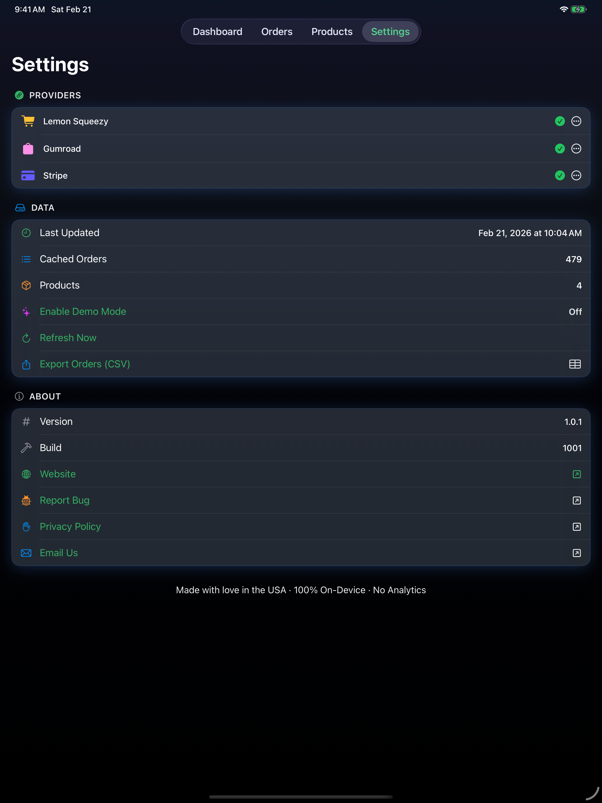 SaneSales iPad settings