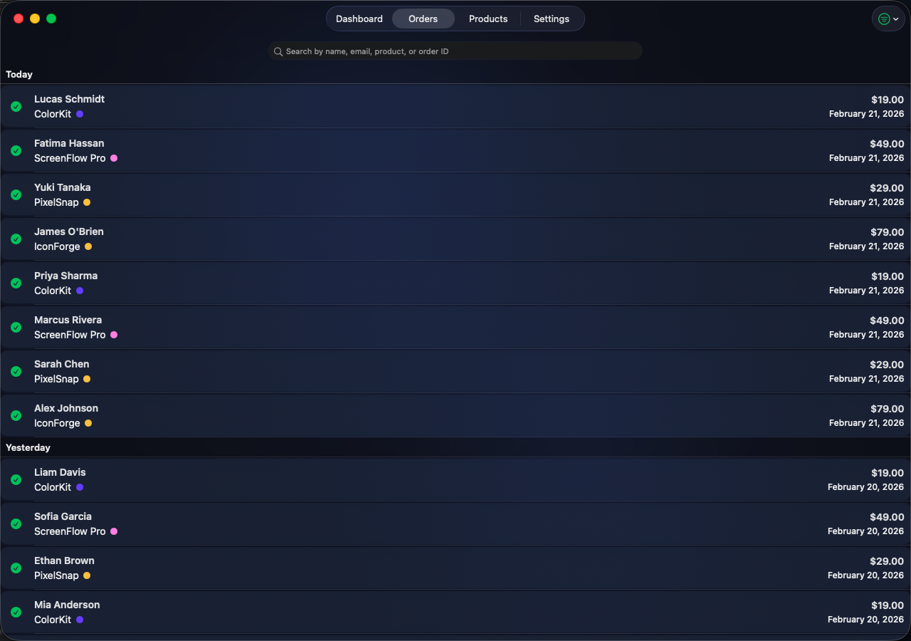 SaneSales macOS order list